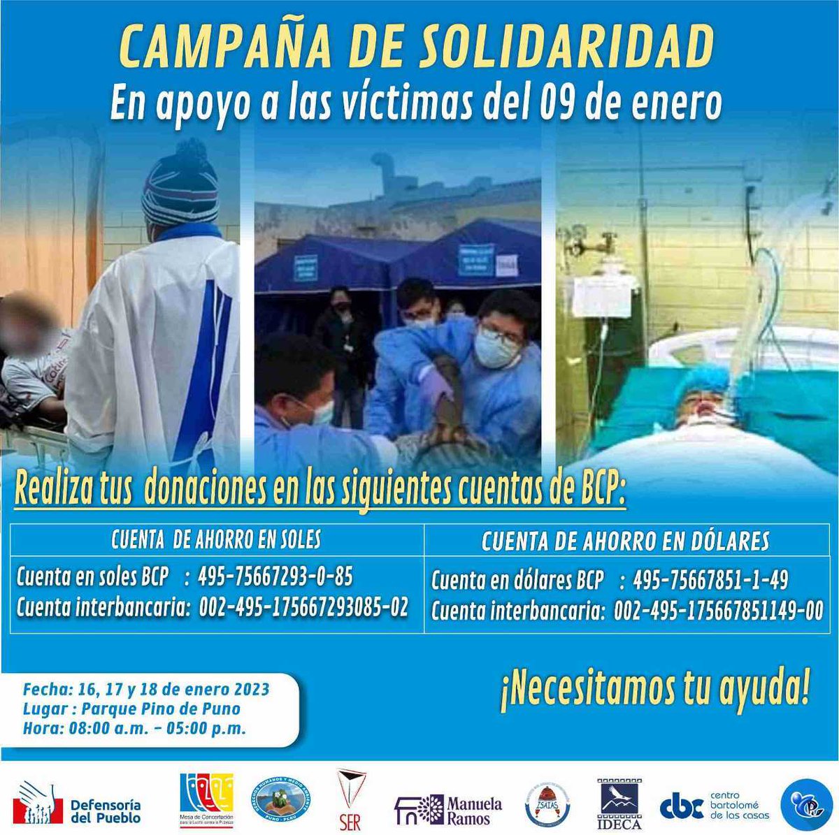 Ojo_Publico's tweet photo. #OjoAlDato | Diversos colectivos, en coordinación con la Defensoría del Pueblo, están recolectando donaciones para los afectados por la represión policial de #Juliaca. El punto de acopio en #Puno es el parque Pino y, en Juliaca, la parroquia Pueblo de Dios. https://t.co/rsBAQSuqyZ