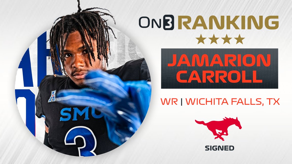 New: The final <a href="/On3Recruits/">Follow @Rivals</a> rankings are out and #SMU WR signee Jamarion Carroll was named a 4-star prospect.

More on why the dynamic Wichita Falls (Tex.) Hirschi product is now the top-ranked SMU signee for On3: 

on3.com/teams/smu-must…

#PonyUpDallas