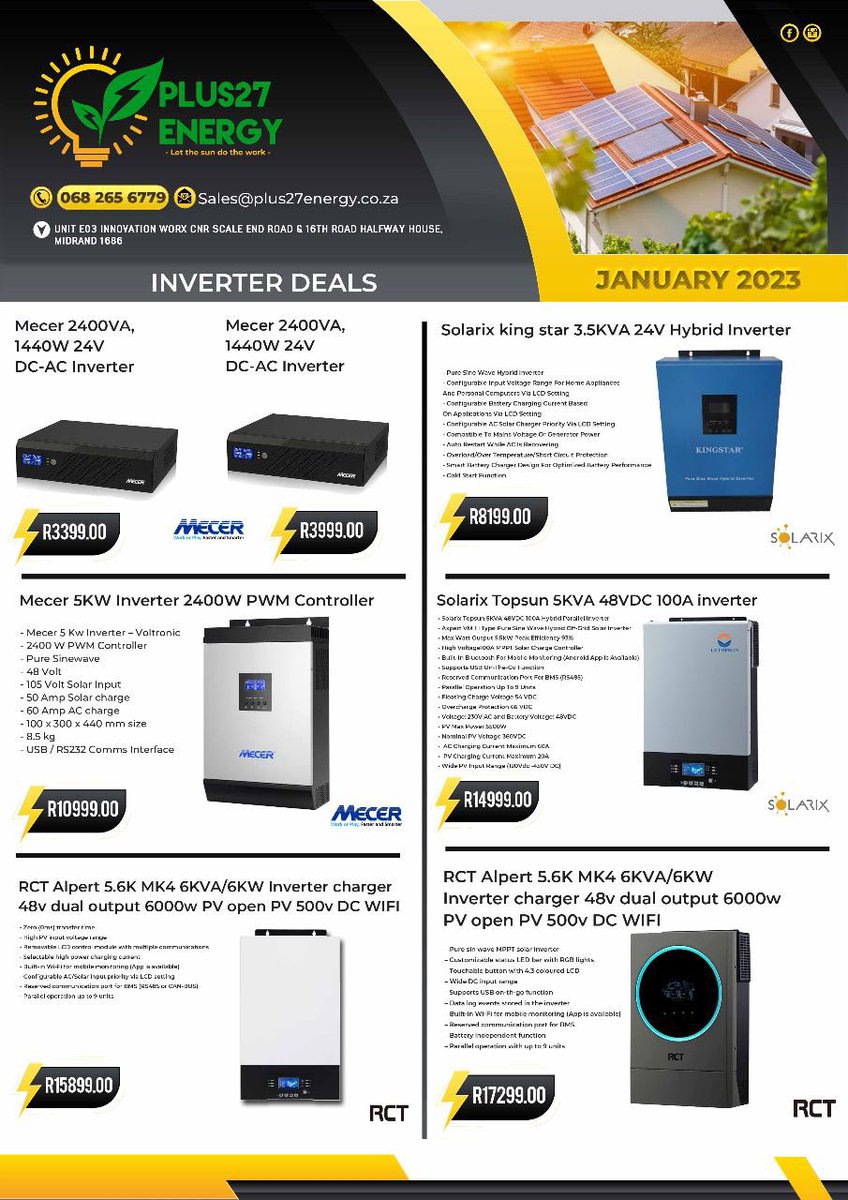 Plus27Energy's tweet photo. Inverters , batteries &amp; solar panels available @Plus27Energy  . Don’t be in the dark because of loadshedding. 

✉️ sales@plus27energy.co.za 
📞 0682656779
📍 Unit E3 innovation worx, Midrand 

#EskomGauteng #tuesdayvibe #Loadshedding #bbntitans #SouthAfrica #supportsmallbusiness https://t.co/Ajv2NQmzMi