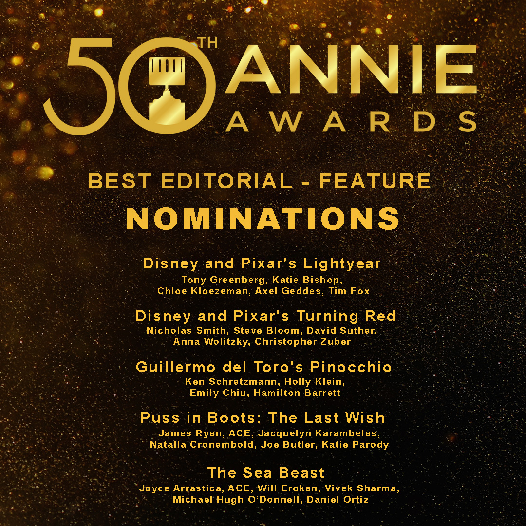 AnnieAwards's tweet photo. Here are the 2023 Nominees for Best Editorial - Feature! Congrats to the Editorial Teams at @Pixar @netflix, @Dreamworks #annieawards #50thannieawards #besteditorialfeature https://t.co/zpFZkUMg2n