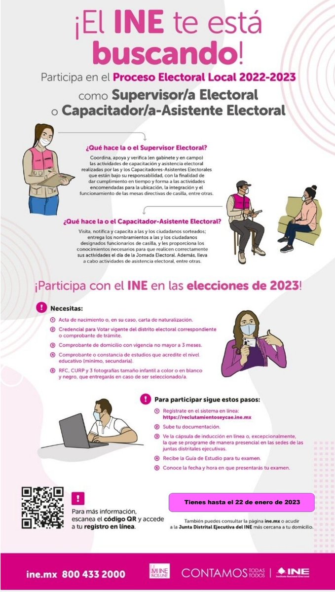 INECoahuila's tweet photo. Participa en el Proceso Electoral Local 2022-2023 como Supervisor/a o Capacitador/a Asistente Electoral del 02 Distrito Electoral del INE Coahuila, en los municipios de Ramos Arizpe y Múzquiz, tienes hasta el 22 de enero para inscribirte. https://t.co/bqzNPo5834