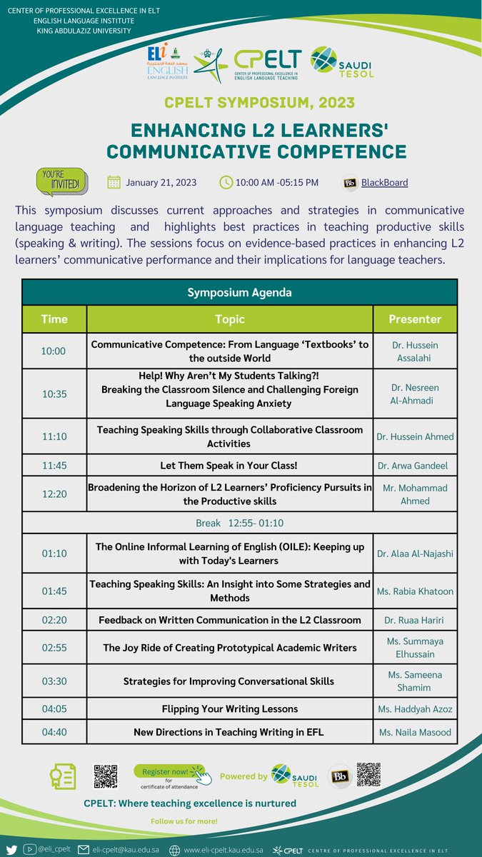 ELI_CPELT's tweet photo. You are cordially invited to attend CPELT Symposium, titled “Enhancing L2 Learners' Communicative Competence”.
🗓️ January 21   
🕙 10:00 AM-05:15 PM
✅Powered by @SaudiTESOL2030 
Registration is required for issuing attendance certificates. Register now:
https://t.co/iFrexy1404 https://t.co/WesGUsnh1t