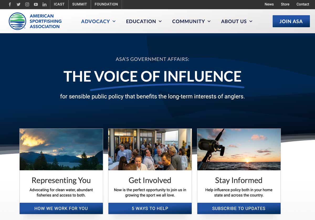 ASAFishing's tweet photo. Discover how #ASAWorksForYou to advocate for clean water, abundant fishers and access to both. This and more in the newly redesigned https://t.co/cfL25sPBPb! https://t.co/b3m0Nl9Rxf