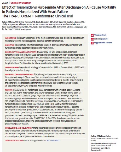 SJGreene_md's tweet photo. Now published in @JAMA_current....primary results of the #TRANSFORMHF trial!

No significant difference in mortality or hospitalization outcomes with strategy of torsemide vs furosemide for #HF

@robmentz @ericjvelazquez @DCRINews @YaleCardiology 

https://t.co/nf5L7LzYMh https://t.co/j7p4rVRL6a
