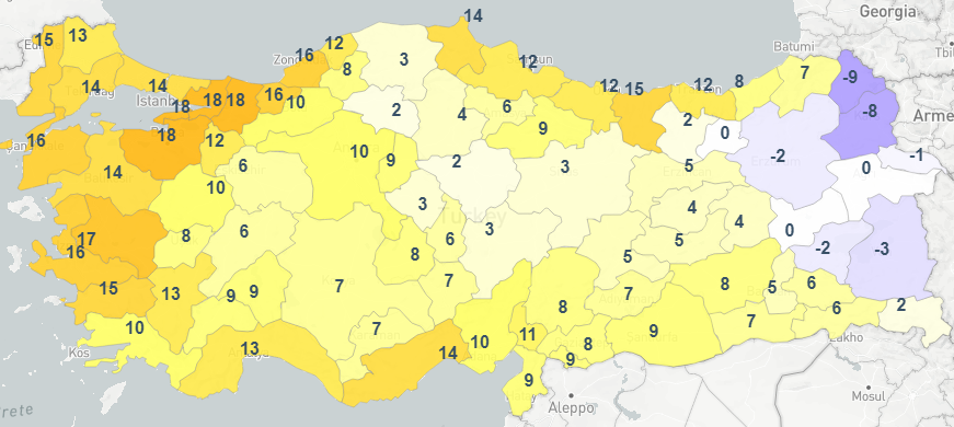 yturker's tweet photo. 21.00 Vilayet merkezleri hava sıcaklıkları;
Lodos, sıcak havayı getirdiği yetmezmiş gibi bir de fön etkisiyle kuruttu her yeri..

Gün içinde Rize Güneysu 22.3, Çayeli 21.7, Giresun/Doğankent 21.0°C'yi gördü https://t.co/lyQqJUvvzz