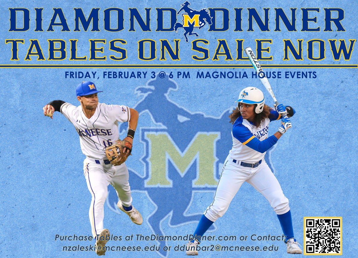 McNeeseSoftball's tweet image. We’re just 1️⃣7️⃣ days away from our Diamond Dinner!

Reserve your table via the link below! 

💎  » theDiamondDinner.com
