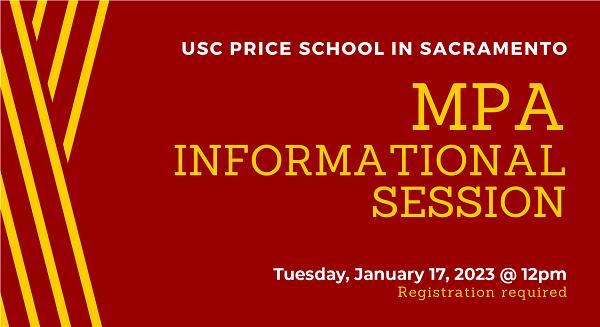 USCsacto's tweet photo. Interested in the Sacramento MPA program? Want to learn more about our Sac Professional Scholarship? Join our recruitment staff for our MPA Info Session TODAY at 12pm. Registration required: https://t.co/7pyBjM2fcI https://t.co/MHiBjNAce1
