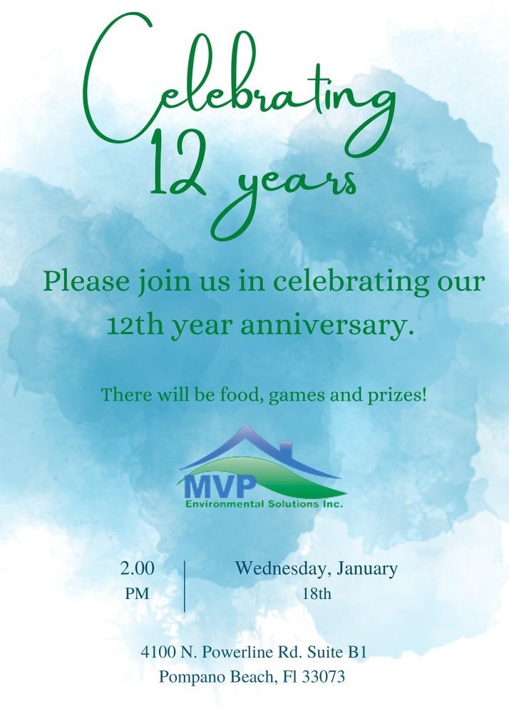 Please join us tomorrow at our office for some food, games and prizes to celebrate 12 years in business! 
#mvpmold #inspection #EMS #leak #parklandtalk #tapintoparkland #parkland #fl #parklandfl #coralsprings #ParklandChamber #smallbusiness #12yearsinbusiness #anniversary