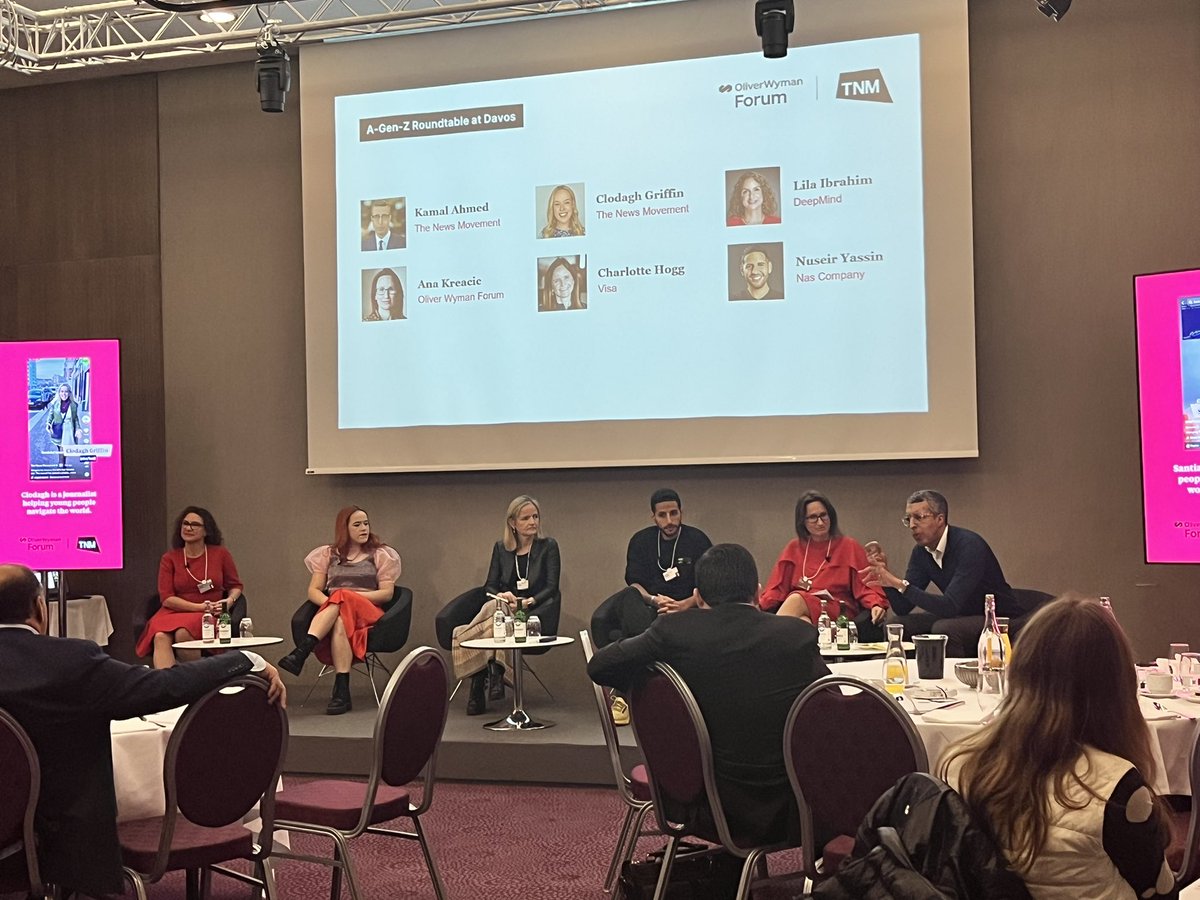 GeorgeLekovic's tweet photo. @AnaKreacic, @TheOWForum, @thenewsmovement, @clogrifff, @lilaibrahim, @Visa’s Charlotte Hogg, @nasdaily and @kamalahmednews talk about their Gen Z publication.

Our household Gen Alpha rep wakes up on this side of  the ocean: "When can I watch mom on TV?" #wef23 #GenZ #AtoGenZ https://t.co/M7mALTWJdt