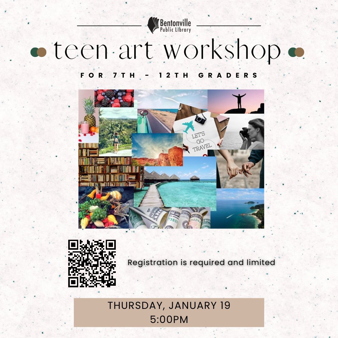 Teens of all skill levels, join us for a relaxing and creative class on Thursday, January 19 at 5:00pm. We will be designing collage art vision boards. All supplies will be provided. Registration is required.
attend.bentonvillelibrary.org/event/7751655
#BPL #Library #TeenArt #teens