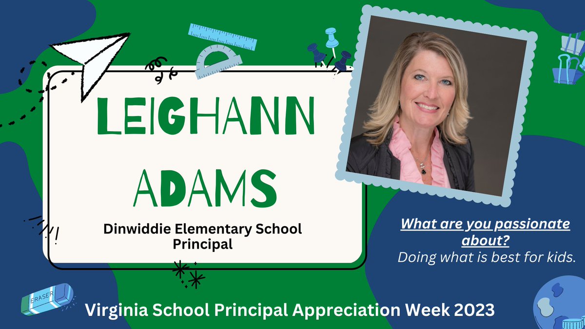 Din_CoSchools's tweet photo. We recognize Mrs. LeighAnn Adams principal at Dinwiddie Elementary School. Her hobbies are singing and flower gardening. She is most passionate about doing what is best for kids. Thank you Mrs. Adams! https://t.co/WaM4DnaGF8