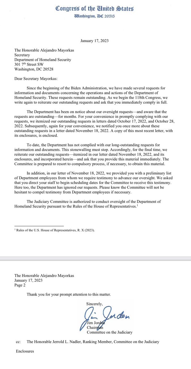 SuzanneMonyak's tweet photo. Inbox: Judiciary Chairman @Jim_Jordan says DHS has ignored document requests from Republicans, and demands the material “immediately” now that Rs control the House.

“The Committee is prepared to resort to compulsory process, if necessary, to obtain this material,” he wrote. https://t.co/43o6mu235R