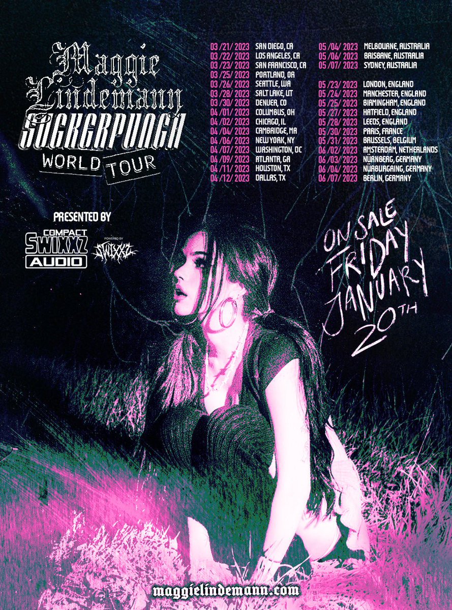 Iindenation's tweet photo. Maggie Lindemann announces the “SUCKERPUNCH WORLD TOUR”! From March to June, Maggie will tour North America, Australia and Europe 🌎

Tickets will go on sale on friday, 20th.
Sign up for the SWIXXZWORLD mailing list for early ticket access tomorrow!

🔗 https://t.co/s9zzKZ8Dsc https://t.co/tOsnDPmv0w