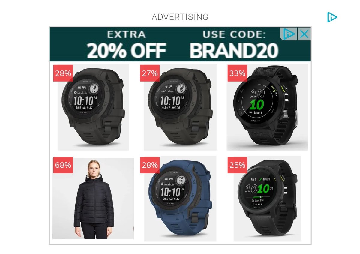 dikkiedutton's tweet photo. @BlacksHelpTeam I've been served this advert (image). I've been looking at the Garmin Instinct 2 Solar (top left). And with your advert clearly stating a discount code, I thought it would apply for this product. And it doesn't. Misleading, don't you think? https://t.co/n1pLXfsivO