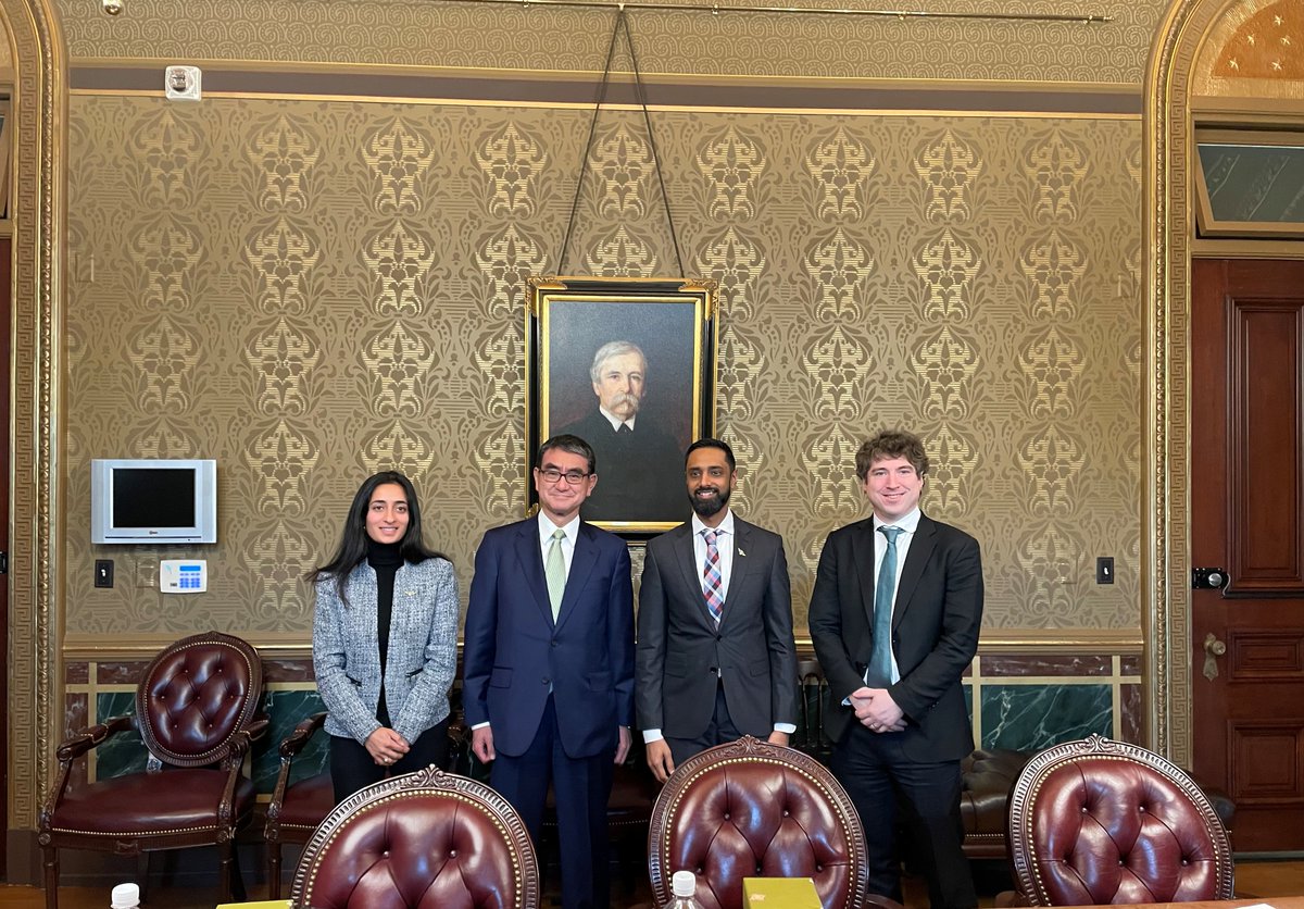 USDS's tweet photo. Our Chief Delivery Officer Ankit Mathur and Engineering Director Maya Israni met with Japan’s Digital Minister for Transformation Taro Kono recently to discuss tech talent, open-source software, product and engineering opportunities, and human-centered design in government. https://t.co/gVqsgourly