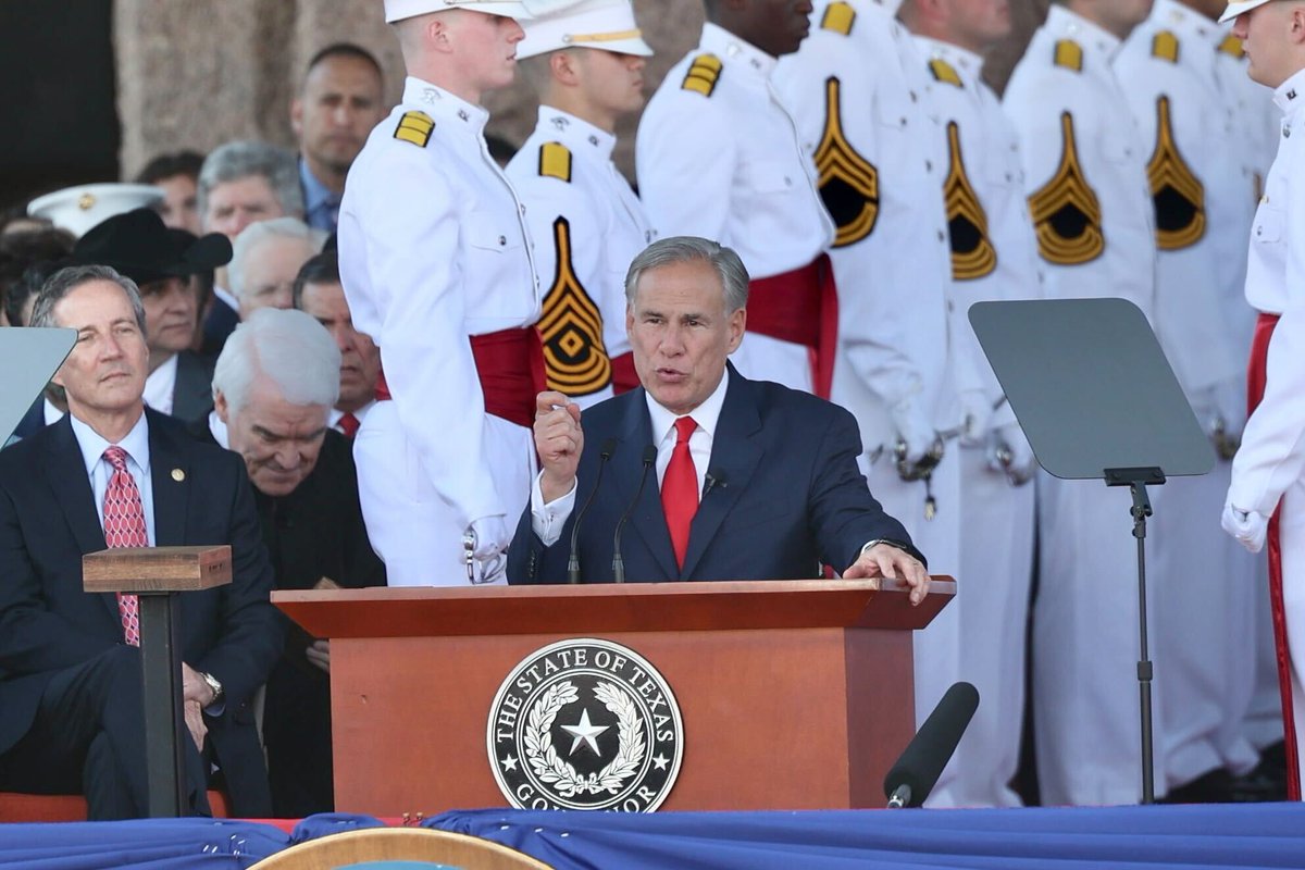 In his inaugural speech, @GovAbbott talks about his priorities for his third term. He wants to cut property taxes, improve the state's power grid, reform school curriculum, increase school safety, and enhance penalties for criminals caught with guns. 📸: @MichaelMinasi/@KUT