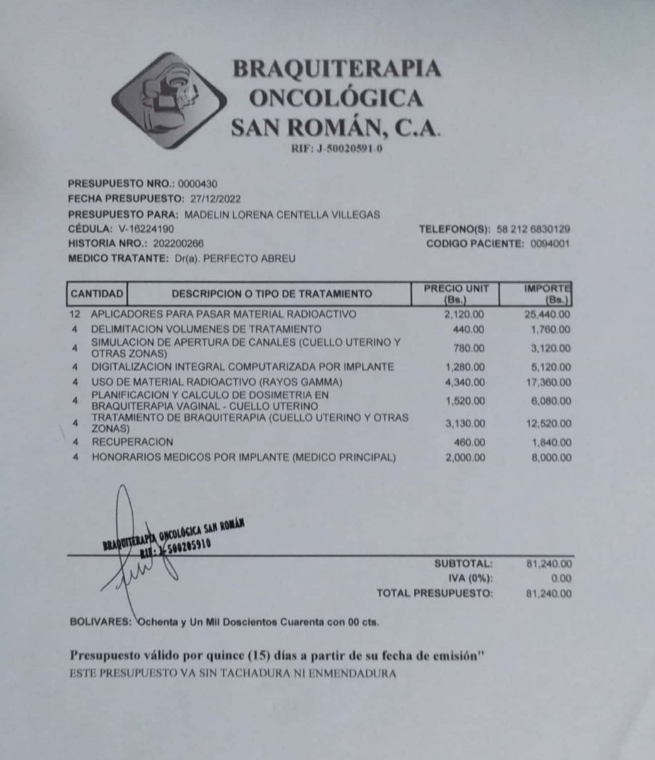 SrRodriguez18's tweet photo. Lamentablemente dependemos de una ayuda económica para poder hacerle la Braquiterapia a mi esposa. El costo de este procedimiento es muy alto y no lo hacen en el sector público... @dcabellor @NicolasMaduro @TareckPSUV @rafaellacava10 @TellecheaRuiz https://t.co/3fV4JYvWgJ