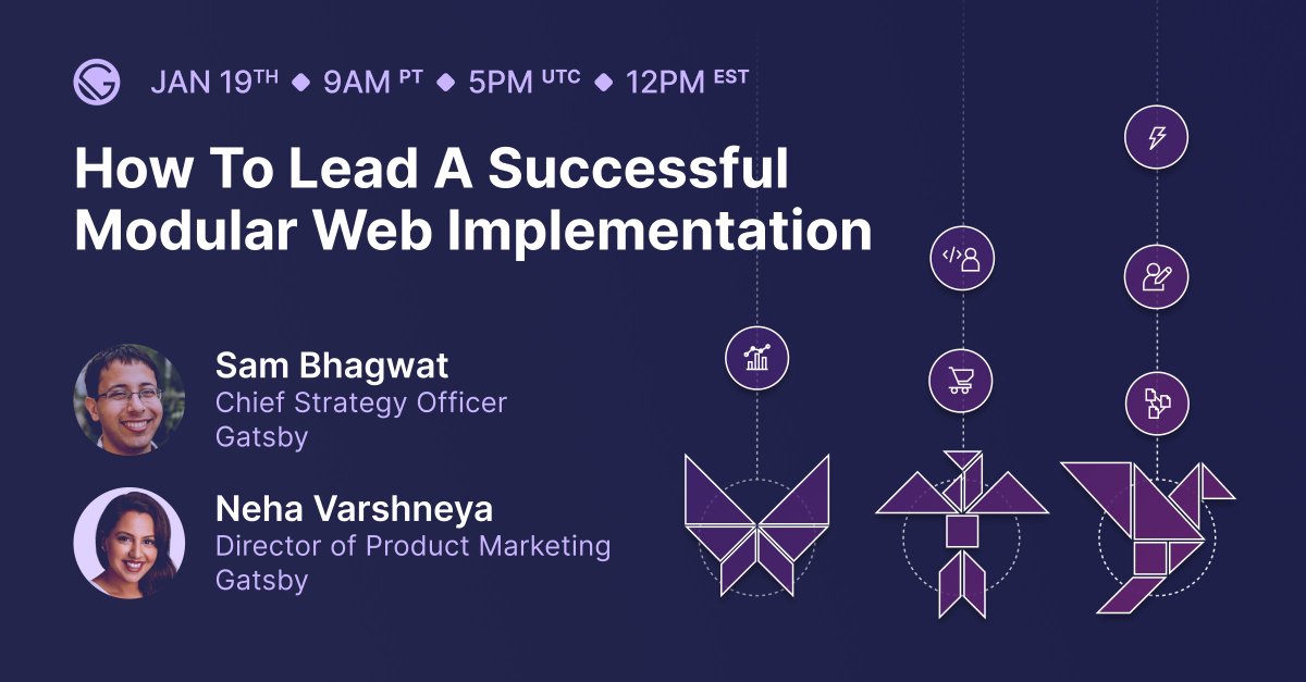 GatsbyJS's tweet photo. There’s no one right way to move to the modular web. Organizations, technology stacks + team structures vary too much.

But watching hundreds of companies, we’ve observed a few universal patterns—and now, we’re ready to share them with YOU! ⬇️

https://t.co/MSoPzwgBmt https://t.co/HEuLOWMH2T
