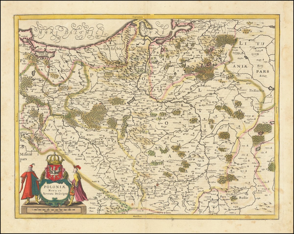 Oh hey, it's Poland. This is Jansson's map of Poland and parts of Lithuania, Pomerania and Prussia (ca. 1638). 

Learn more here: raremaps.com/gallery/detail…

#maps #Poland