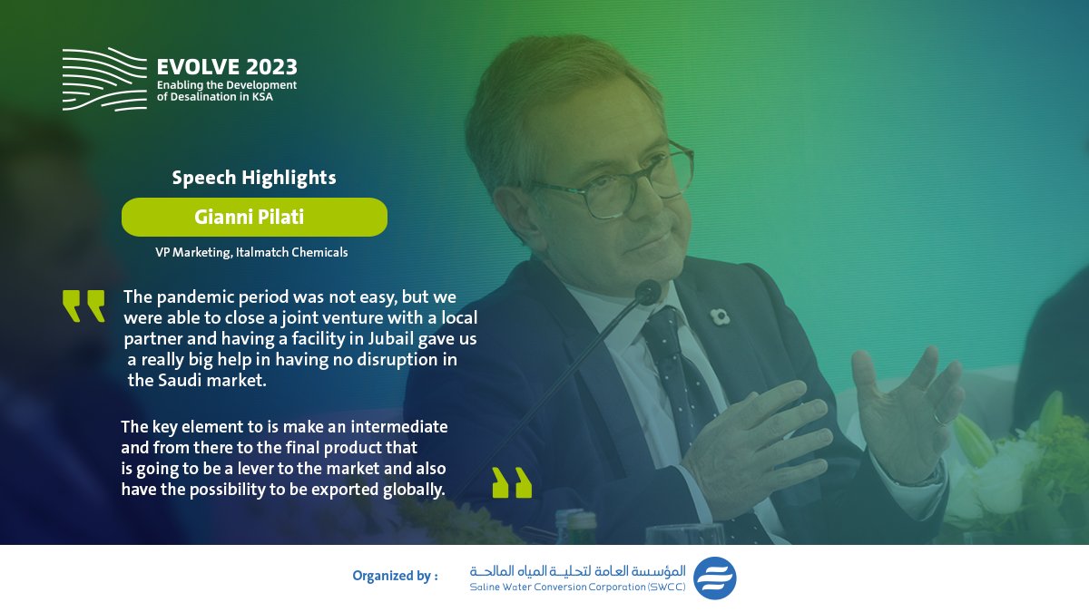 evolvedesal's tweet photo. Gianni Pilati discussed the importance of partnerships and the growth of the Saudi market in #desalination industry, during the 7th panel discussion on day 2 of #Evolve2023 in Riyadh. https://t.co/XWPMIPEVOK