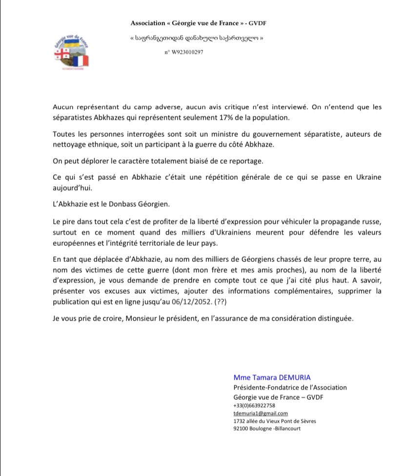 Réponse suite au reportage diffusé le 06/01/2023 sur @ARTEfr @brunopatino @VasakVladimir #georgievuedefrance #abkhaziaisgeorgia #russiaisanoccupier