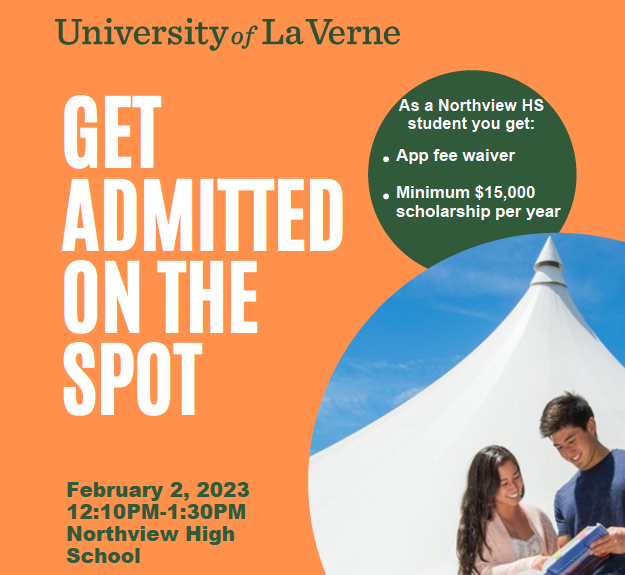 Northview HS Library (@nhslibrary_) on Twitter photo 🚨SENIORS🚨 University of La Verne will be here on Thurs Feb 2 for Northview's LAST On-the-Spot Admissions event of the school year! Sign up at the links in our bio! <a href="/ULaVerne/">University of La Verne</a> <a href="/NHSVikings/">Northview Vikings</a> <a href="/NHS_ASB/">Northview ASB</a> <a href="/NHSCounseling_/">Northview HS Counseling</a> <a href="/nhsvikingsAVID/">NHSAVID</a> <a href="/NHSRenaissance/">Northview Renaissance</a> 🚨SENIORS🚨 University of La Verne will be here on Thurs Feb 2 for Northview's LAST On-the-Spot Admissions event of the school year! Sign up at the links in our bio! <a href="/ULaVerne/">University of La Verne</a> <a href="/NHSVikings/">Northview Vikings</a> <a href="/NHS_ASB/">Northview ASB</a> <a href="/NHSCounseling_/">Northview HS Counseling</a> <a href="/nhsvikingsAVID/">NHSAVID</a> <a href="/NHSRenaissance/">Northview Renaissance</a>