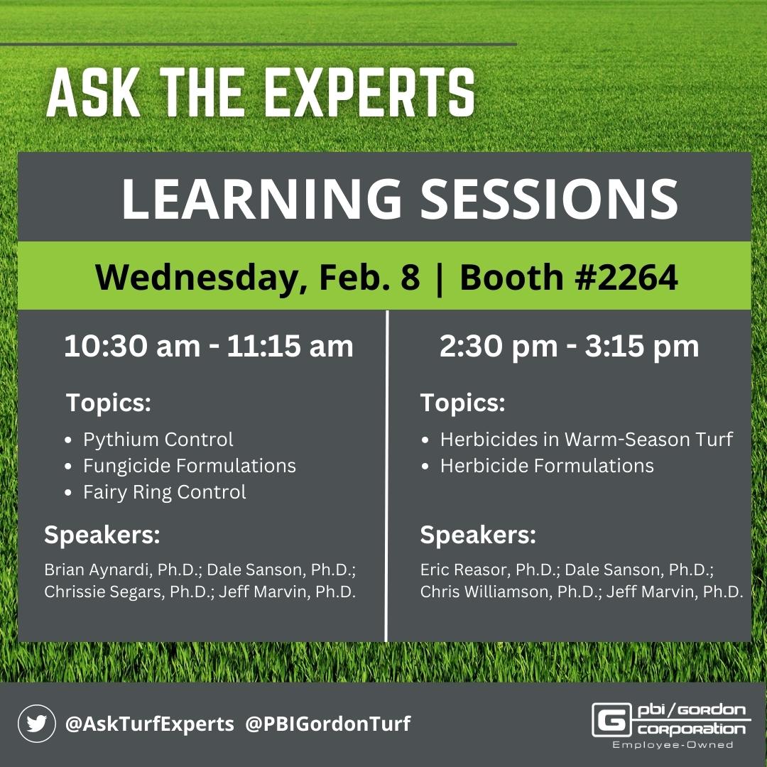 Visit our booth at the #GCSAAConference to hear from our experts! We'll be hosting learning sessions on Wednesday, Feb. 8 to discuss hot topics in #turfmanagement. See the schedule below & be sure to stop by to chat or ask questions. We look forward to seeing you! #AskTurfExperts