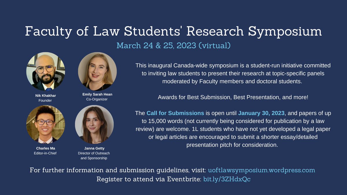 The inaugural #UofTLaw Students' Research Symposium is inviting JD students from across Canada 🇨🇦 to present their research, virtually, March 24 & 25. 📣 Call for Submissions 👇uoftlawsymposium.wordpress.com