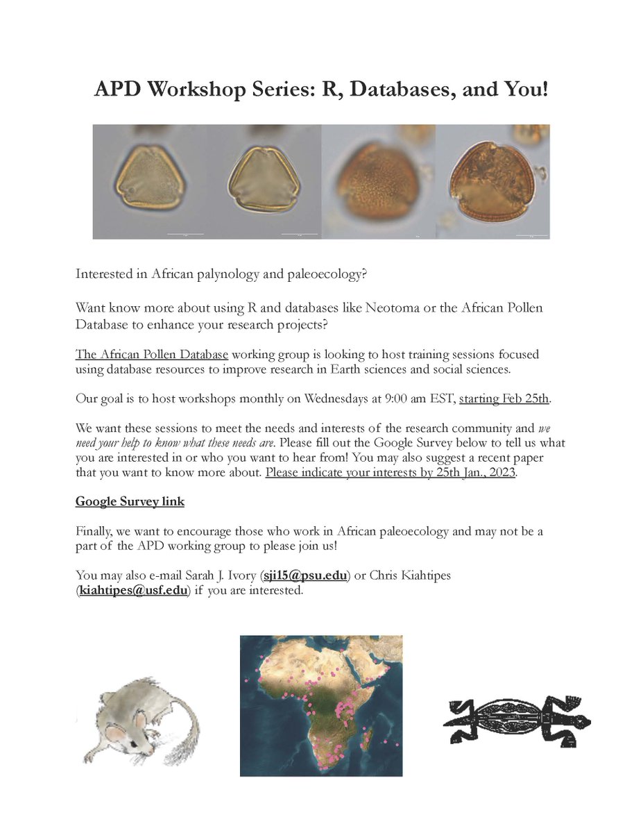 Interested in African #palynology, #paleoecology, and/or #archaeobotany? Want to develop practical skills using #R other #OpenAccess resources to improve your research? Join the African Pollen Database workshop series! DM with ?s. Links in next tweet. Please RT!