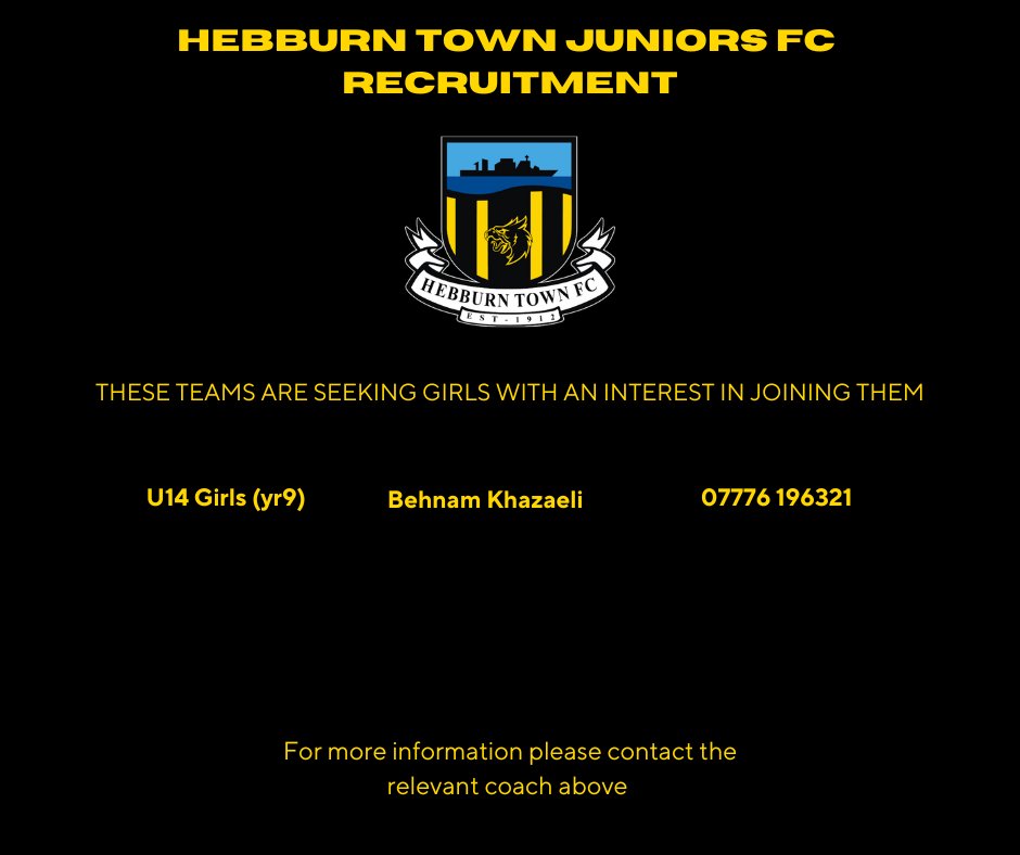 HebburnTownJnrs's tweet photo. 🫵 Player Recruitment 🫵

We are looking to recruit players to some of our 11 a-side teams. 

🐝 https://t.co/Vc7sCZ0wvo