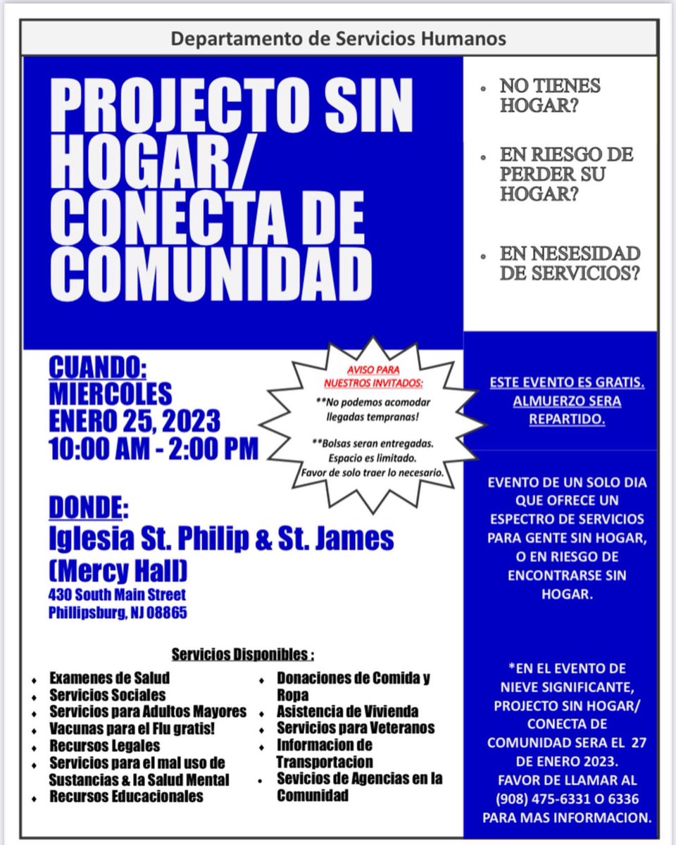 CCDOM1's tweet photo. Project Homeless & Community Connect
🗓️: January 25, 2023
⌚️: 10am-2pm
📍: St. Philip & St. James Church
430 South Main Street
Phillipsburg, NJ 08865
#homelessawareness #homelesspeople #homelesschildren #homelesslife #philipsburgnj #homelessinnj #catholiccharitiesdom https://t.co/8CCqjjEcfx