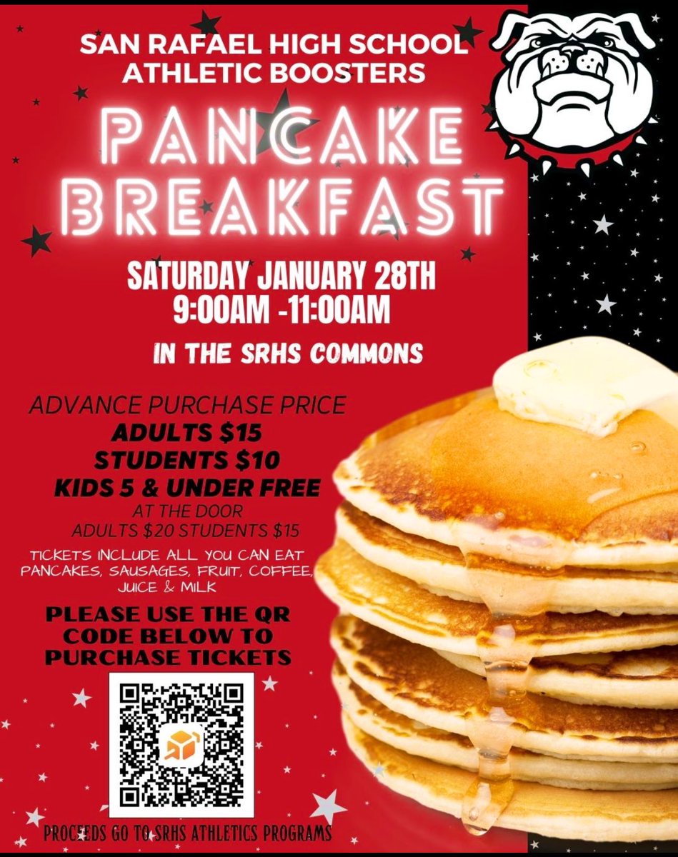 🥞 Pancake Breakfast 🥞

The pancake breakfast has returned. This is always a great community building event!

We hope to see you all there on Saturday, January 28th from 9:00am to 11:00am. 

Pre-Purchase your tickets! 

<a href="/SRCSSchools/">San Rafael City Schools</a> <a href="/westcoastpreps_/">West Coast Preps</a> <a href="/marinij_sports/">Marin IJ Sports</a>