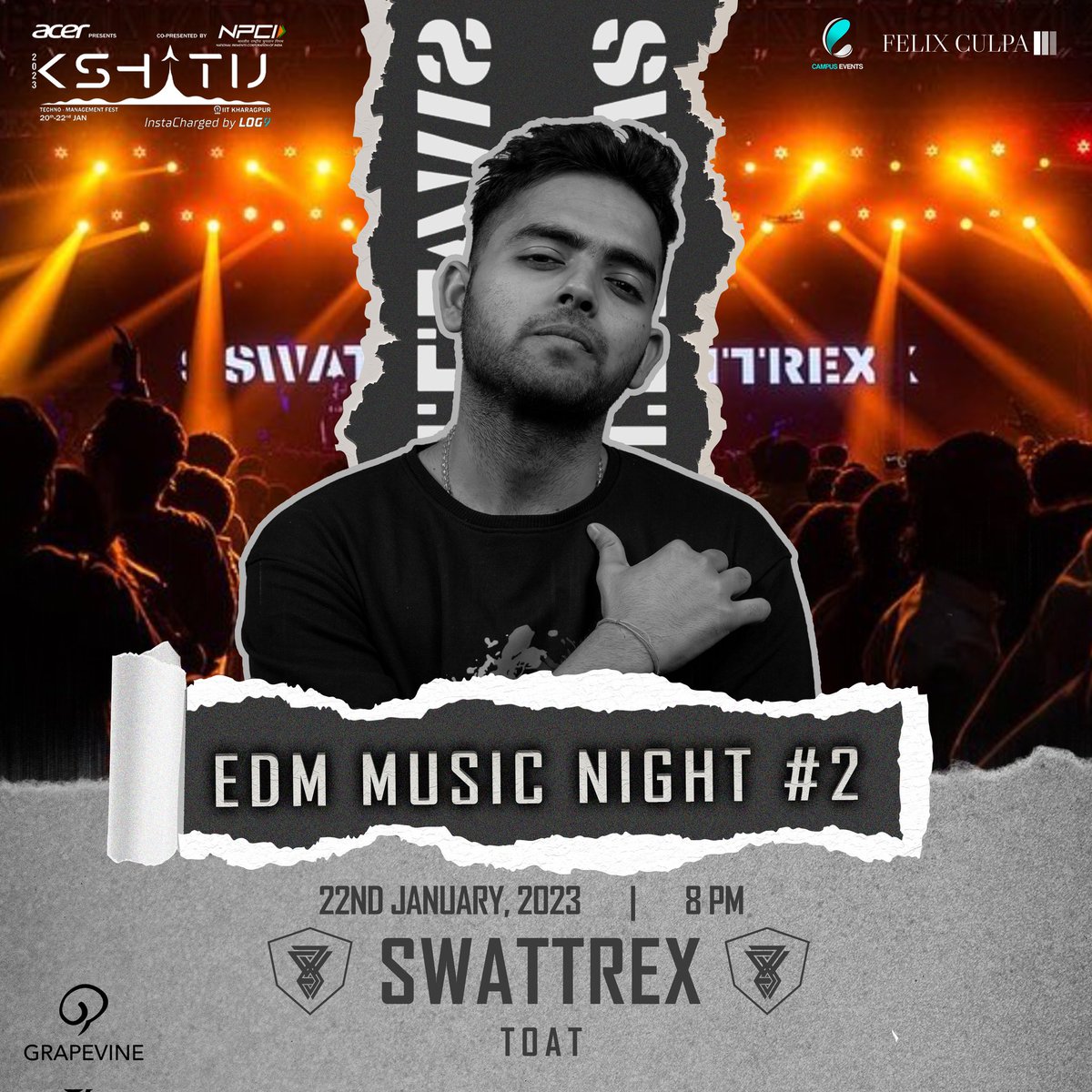 ktj_iitkgp's tweet photo. Tie up your shoes and polish your dancing skills as Kshitij 2023 invites Swattrex!! Get ready to lock and pop in this night filled with bass and beats only at Kshitij on the 20, 21 and 22nd of January 2023.
#edmnight #djnight #swattrex #ktj #kshitij2023 #iitkgp #iitkharagpur https://t.co/qoGD1oRk4t