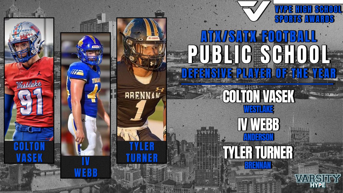 VypeATX's tweet photo. It is awards season here at VYPE! Here are the finalists for ATX/SATX Public School Football Defensive Player of the Year presented by @VarsityHype

Tune in Friday to find out the winner as well as the Team of the Year #VYPEAwards https://t.co/KmQXLKQt1v
