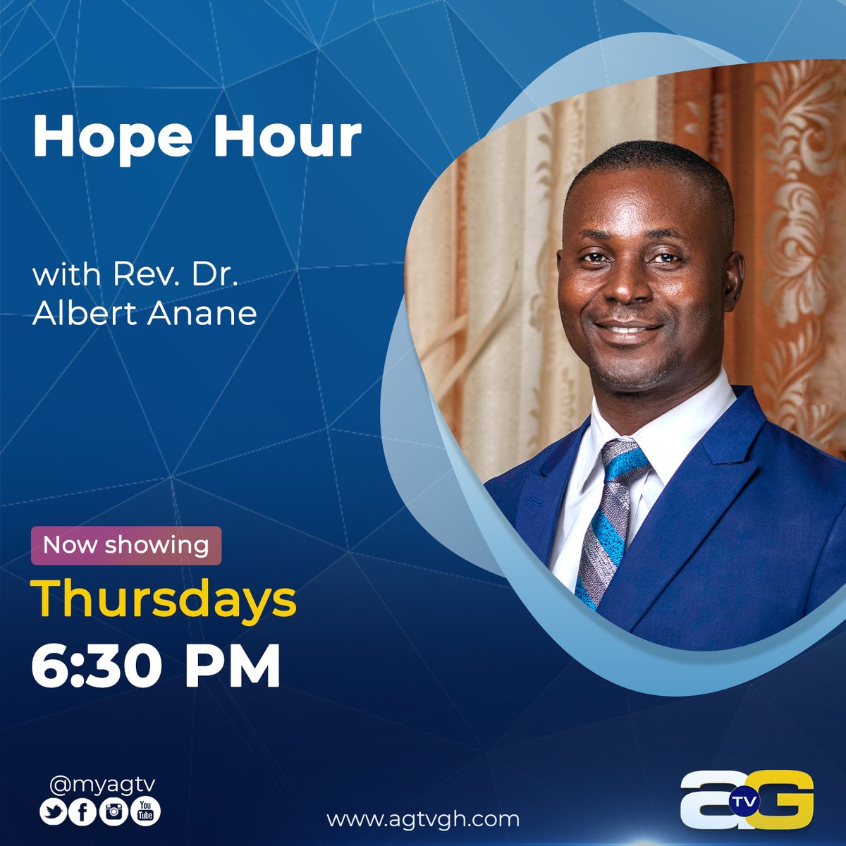 myagtv's tweet photo. Hope is not blind optimism but an assurance of God's perfect grace which works through the knowledge of the Gospel. Make time for Hope Hour with Rev. Dr Albert Anane every Thursday at 6:30pm on AGTV - The Gospel Inspired.

#HopeHour #myagtv #AGTV #TheGospelInspired #Ghana https://t.co/X92cpGru5z