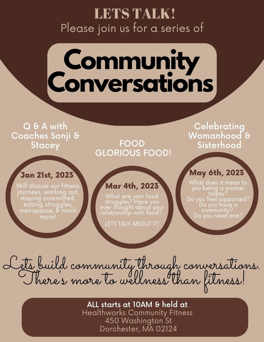 Join us for upcoming community conversations! Open to members and nonmembers. No sign up required. #community #conversation #openevent #fitnessjourney #foodrelationship #womensupportingwomen