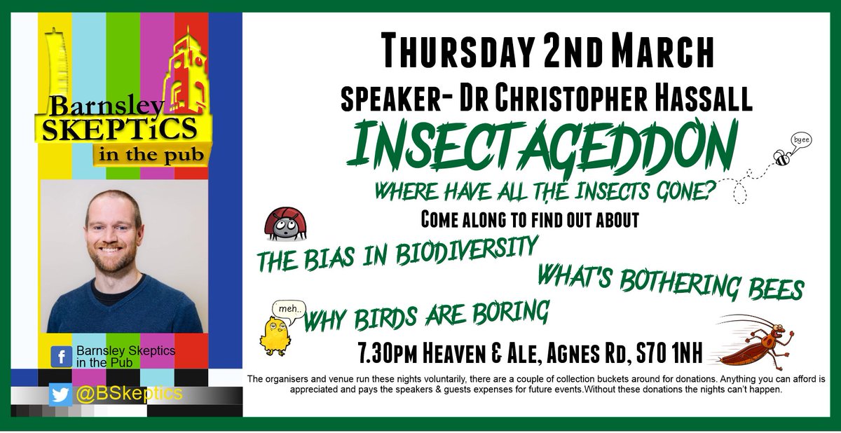 We’ll be getting Barnsley SitP back underway in March, and will welcome <a href="/katatrepsis/">Chris Hassall</a> with his talk “Insectageddon” 🐝🐞🪲

#sitp #barnsleyisbrill #BarnsleySitP
