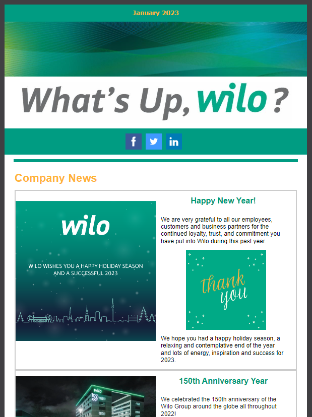 WILOUSALLC's tweet photo. The first @WILOUSALLC newsletter of 2023 is out now!
👉https://t.co/6zztj8KZtk
🌟 150th Anniversary Year Review
🌟 Wilo @ the World Cup
🌟 Holidays at the headquarters and more!
#newsletter #updates #WhatsupWilo #Wilo #WiloUSA #companynews #OneCompanyFiveGreatBrands #WiloGroup https://t.co/DlMsEDjGpP