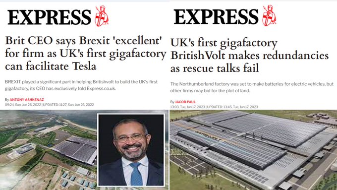 terminallytang1's tweet photo. Look at the amazing small print wording. "Brexit played a significant part in helping BritishVolt to build UK's first gigafactory.." Funny, on the news it just looked like an empty field. Another Tory spiv bites the dust - but takes our money and our workers jobs down with him. https://t.co/igKSBjZBo3