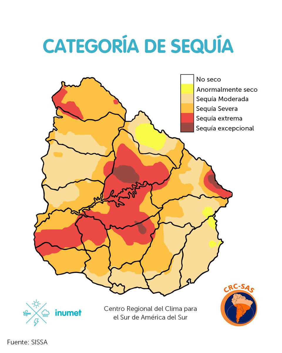 Inumet_'s tweet photo. #InformaciónALaPoblación

Uruguay se encuentra con la totalidad del territorio bajo condición de #sequía en el período del 11/10/2022 al 10/01/2023.

De lo que va del mes los registros de precipitación no han superado los 10,0 mm salvo algún episodio puntual en la zona E-NE. https://t.co/X9r0YEJ3e9