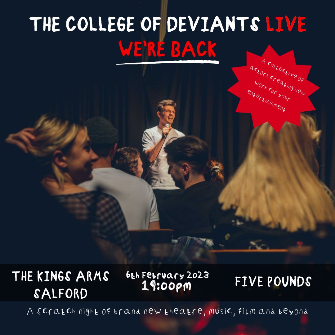 WeAreDeviants's tweet photo. For 12 months we have been creating work in silence but on 06.02.23, we will emerge!

The College of Deviants LIVE Scratch night is here again
 
https://t.co/op1rFlkT2R

We're back baby, and we're more deviant than ever

@kingssalford 

LETS GO! https://t.co/zGFxZrWl3X