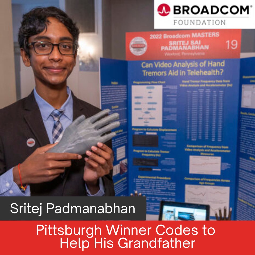BroadcomSTEM's tweet image. Sritej Padmanabhan looked for ways of helping his grandfather, who has Parkinson's disease.  He believed he could help his grandfather's neurologist remotely monitor his hand tremors using machine learning to measure from video. 

broadcomfoundation.org/2022-broadcom-…

#Stem #undp #icode