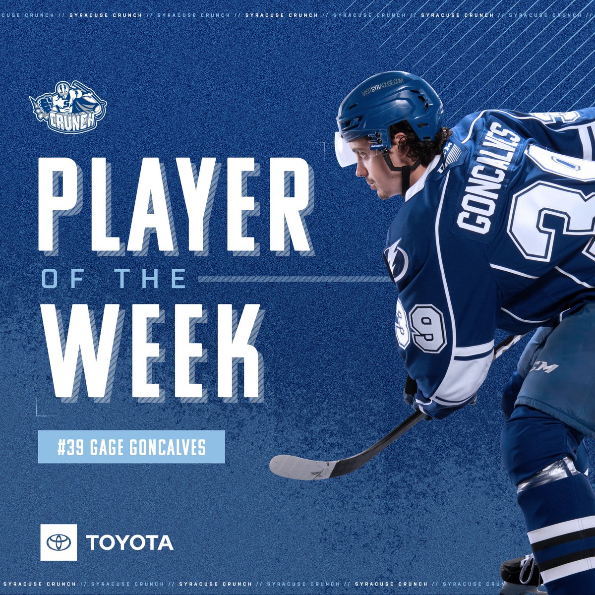 SyracuseCrunch's tweet photo. Four goals in three games and a five-game points streak (4g, 3a).

That makes Gage Goncalves our @Toyota Player of the Week! https://t.co/ehRY0dDU38