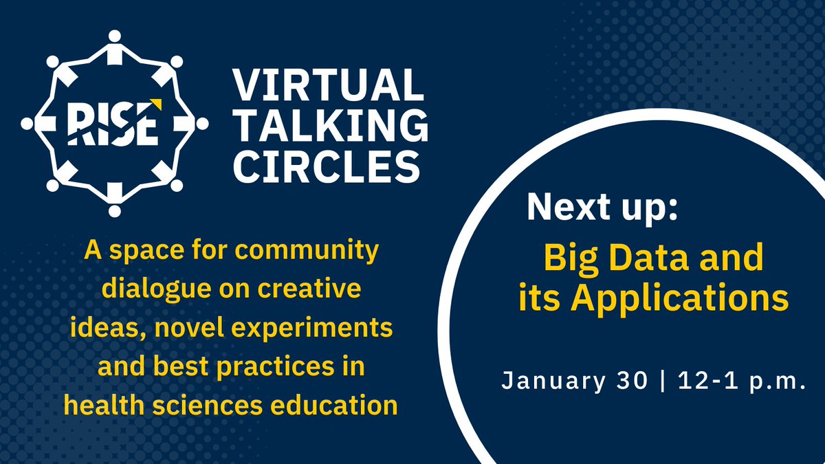 Michigan Medicine RISE (@umichrise) on Twitter photo Join <a href="/UMichRISE/">Michigan Medicine RISE</a> for a Virtual Talking Circle, Big Data and its Applications, on January 30, 2023 from noon-1 p.m. Thought leaders include Dr. Brian George and Dr. Andrew Krumm.
Free to attend, registerā” michmed.org/8NJ7A Join <a href="/UMichRISE/">Michigan Medicine RISE</a> for a Virtual Talking Circle, Big Data and its Applications, on January 30, 2023 from noon-1 p.m. Thought leaders include Dr. Brian George and Dr. Andrew Krumm.
Free to attend, registerā” michmed.org/8NJ7A