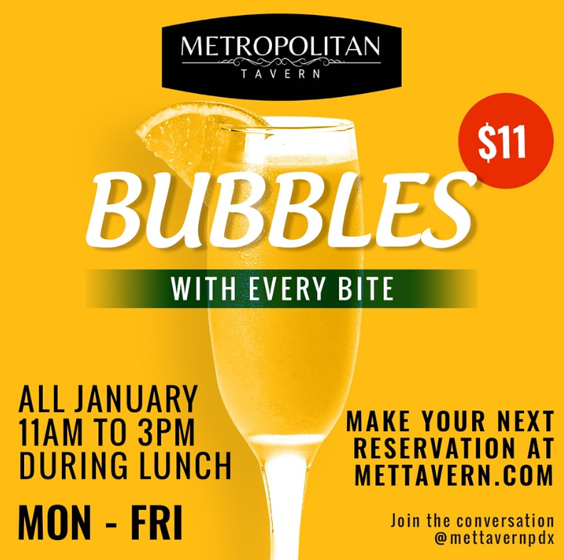 EatGuidePDX's tweet image. Enjoy some mimosas with lunch today! 🍷

Join us for bubbles with every meal at Metropolitan Tavern from 11 a.m. to 3 p.m. throughout the entire month of January!🥂

📍📸@mettavernpdx🍷

#TheEatGuide #travelportland #mimosas #pdx #portlanddrinks #downtownpdx #downtownportland