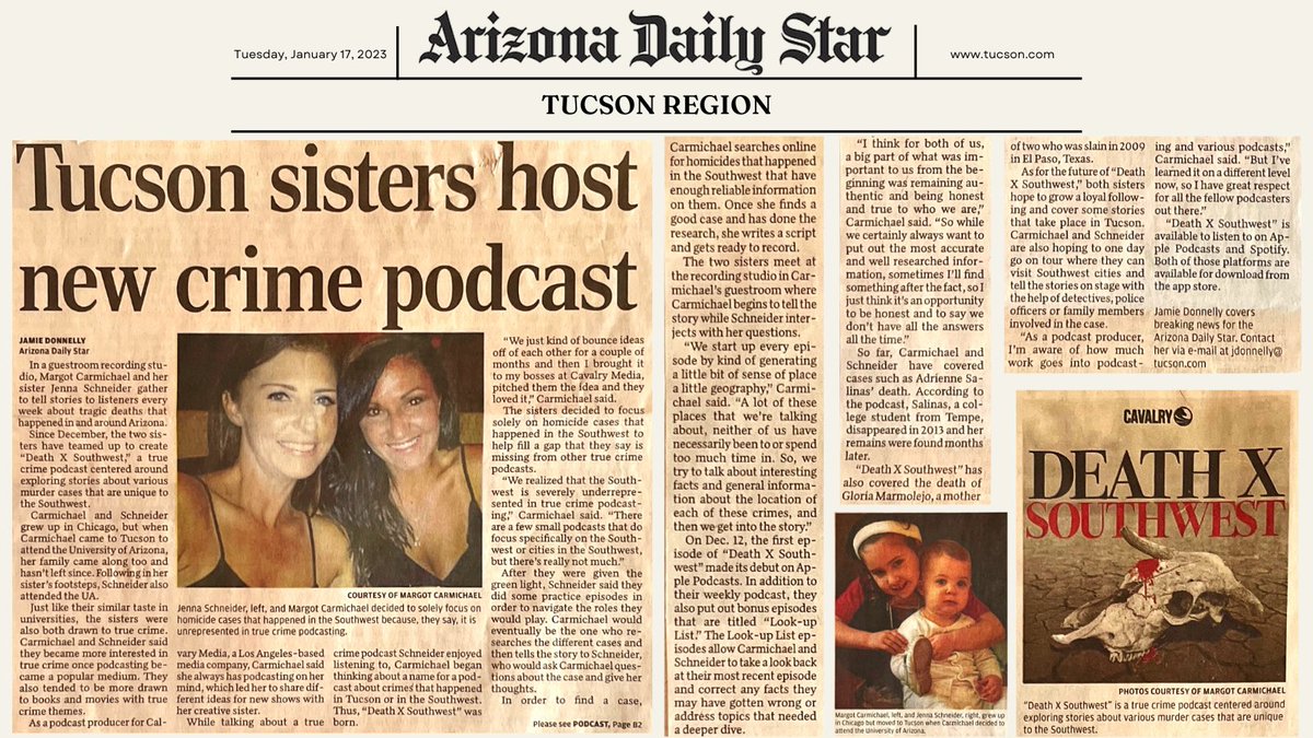 deathxsouthwest's tweet photo. Thanks @TucsonStar for the awesome write up! Read it: https://t.co/wq9pi2EiaR @CavalryAudio #truecrime #podcasters 🌵🧡 https://t.co/eeU0F73hhF
