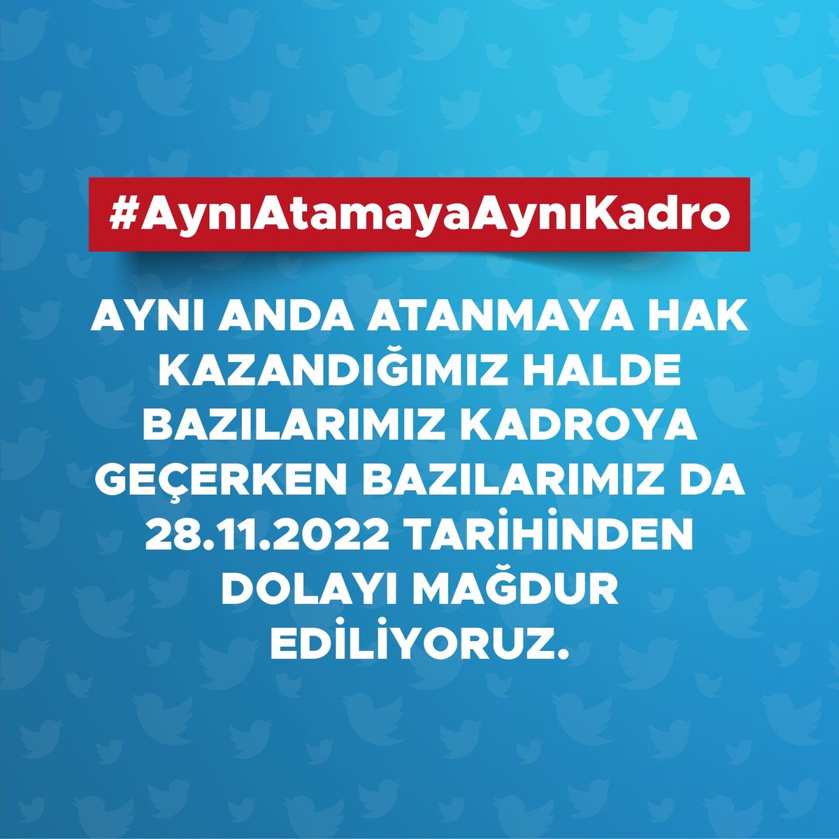 Aynı zaman diliminde evrak teslimi yapanların bir kısmı, 28.11.2022 tarihinden önce imza atarak göreve başlarken bir kısmı da güvenlik soruşturmasi geç sonuçlandığı için kadro elde edemiyor 
#AynıAtamayaAynıkadro
<a href="/RTErdogan/">Recep Tayyip Erdoğan</a> <a href="/yildizali19/">Ali YILDIZ</a>