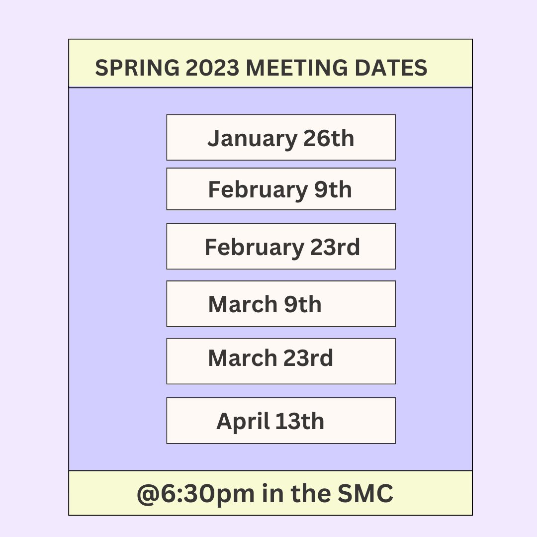 Here is our lovely spring semester hangout calendar!!