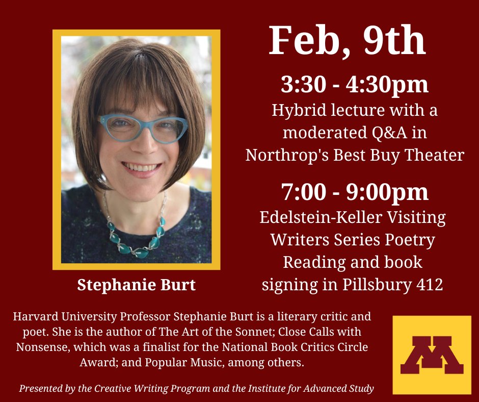 U of Minnesota MFA (@minnesotamfa) on Twitter photo Feb. 9th we'll be hosting our first reading of the semester! In cooperation with the <a href="/IASatUofM/">Institute for Advanced Study, U of M</a>, <a href="/accommodatingly/">Stephanie Burt (Taylor's Version) 🥥✨</a> will visit for a lecture and reading. Feb. 9th we'll be hosting our first reading of the semester! In cooperation with the <a href="/IASatUofM/">Institute for Advanced Study, U of M</a>, <a href="/accommodatingly/">Stephanie Burt (Taylor's Version) 🥥✨</a> will visit for a lecture and reading.