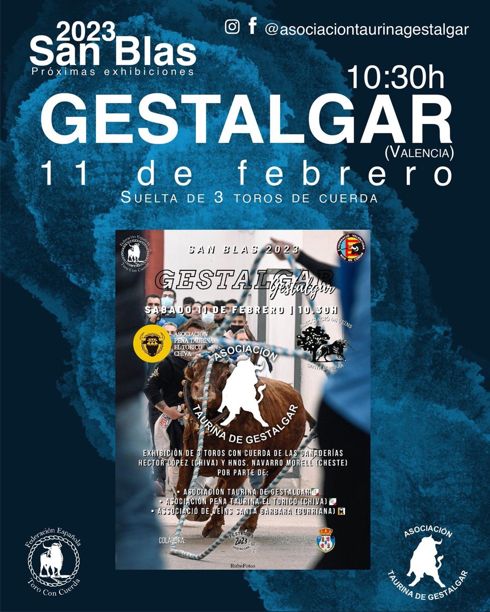 FETorodeCuerda's tweet photo. Por San Blas, la temporada verás comenzar.

Las localidades de #Yuncos y #Gestalgar celebran los primeros toros enmaromados de la temporada 2023 los días 4 y 11 de Febrero respectivamente.

https://t.co/RlzX9dRCuv

#socios #torodecuerdatorodevida #tradiciones #tauromaquiapopular https://t.co/JgxZfVSZJo